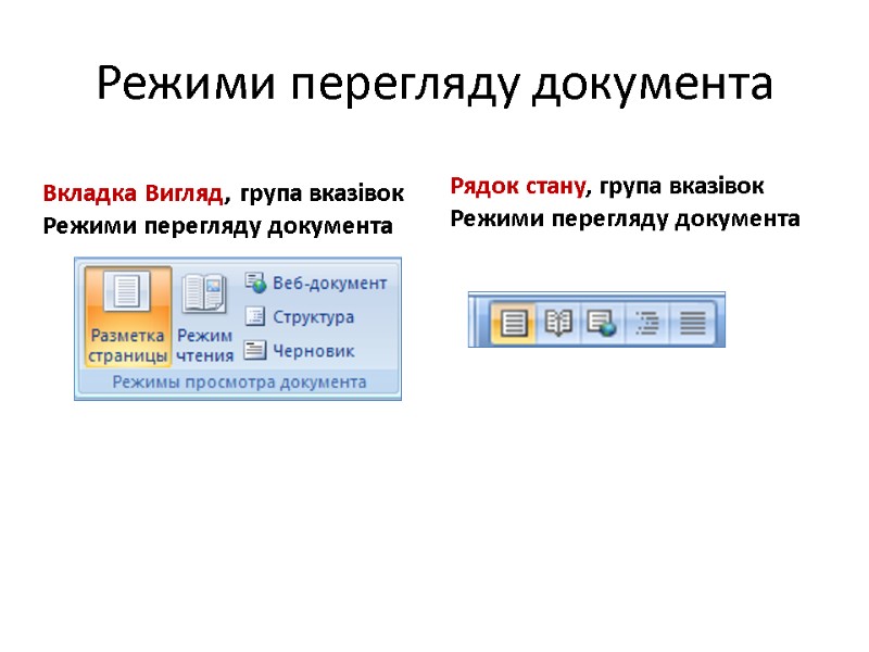 Режими перегляду документа  Вкладка Вигляд, група вказівок Режими перегляду документа  Рядок стану,